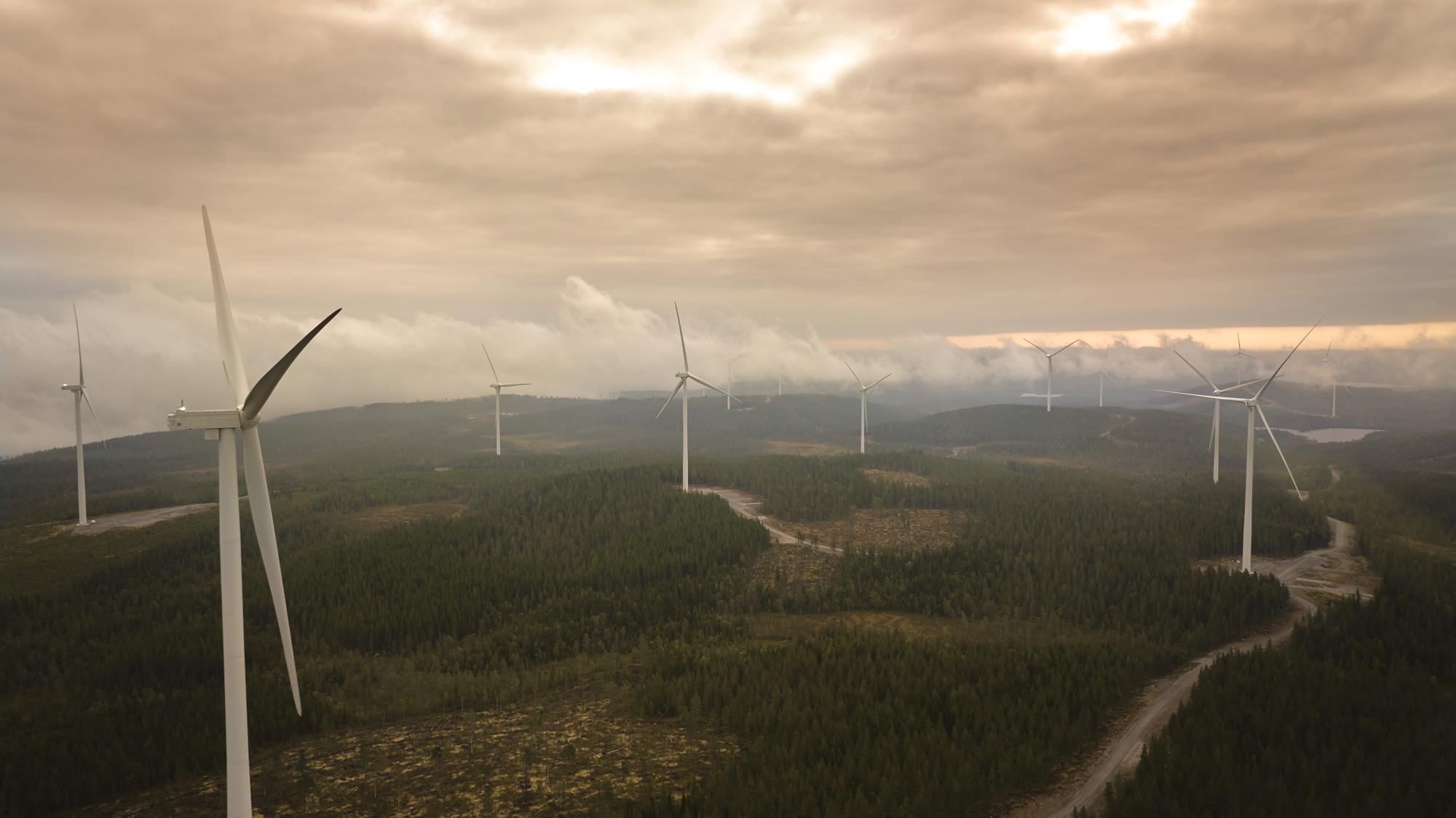 Wind turbines at sunset